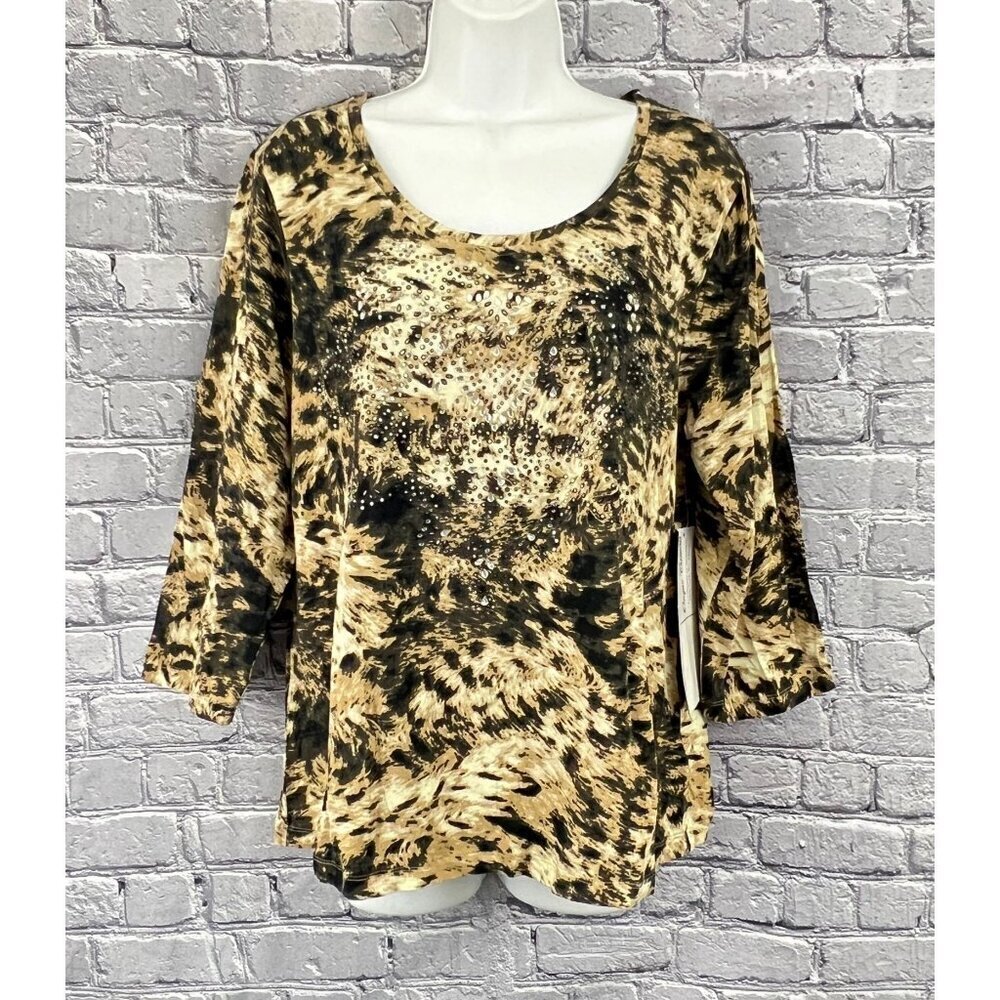 Onque Casuals Womens Animal Print Top XL 3/4 Sleeve Rhinestone Embellished Cotto